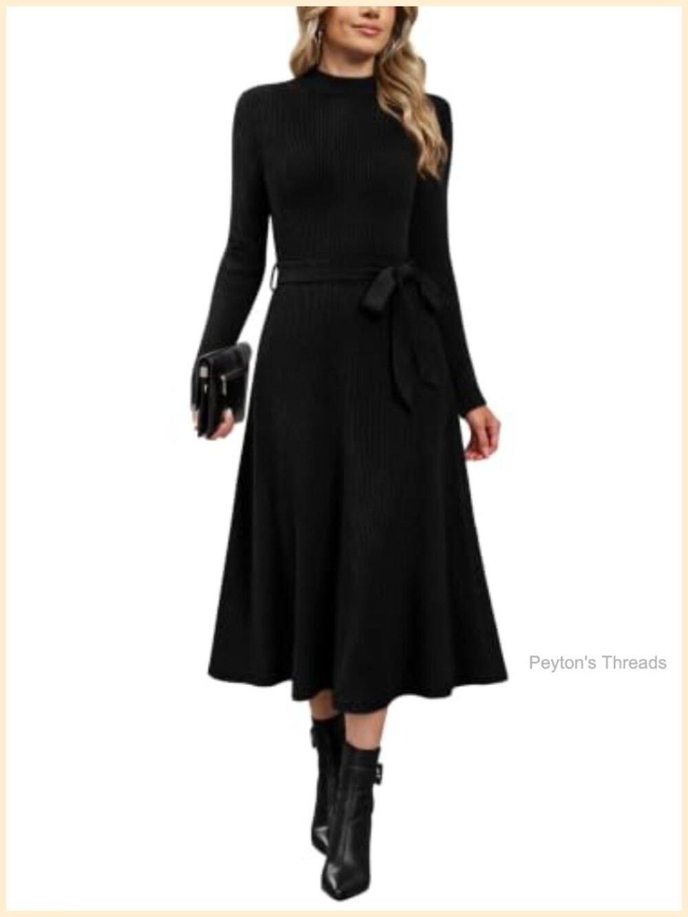 Mock Neck Long Sleeve Midi Dress Tie Waist Ribbed Knit A-Line